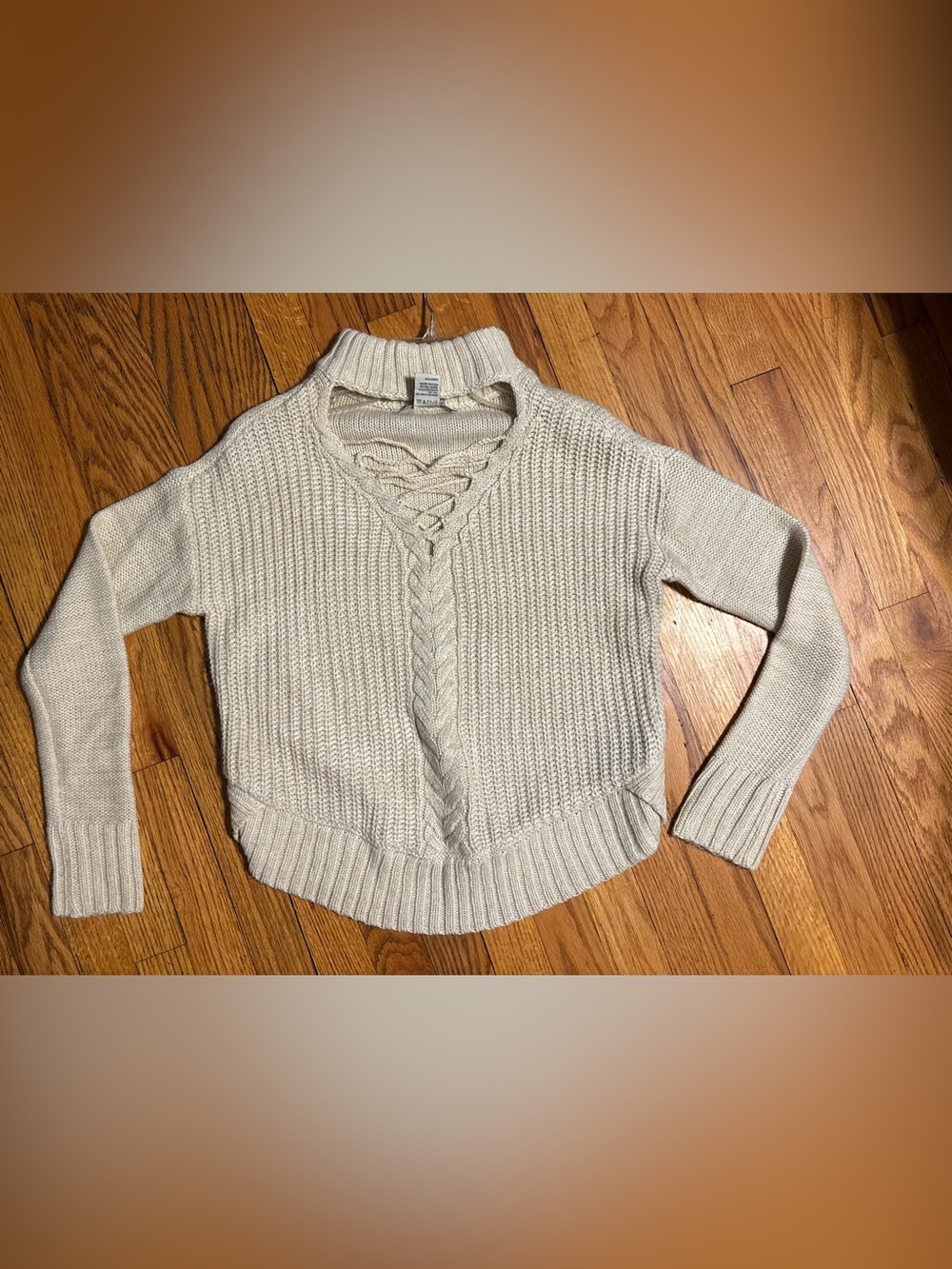 American Rag Cream Cable Knit V-Neck Sweater with Lace-Up Detail